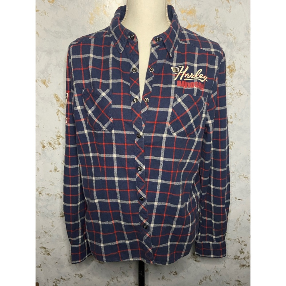 Harley Davidson Blue Plaid Flannel Size Large